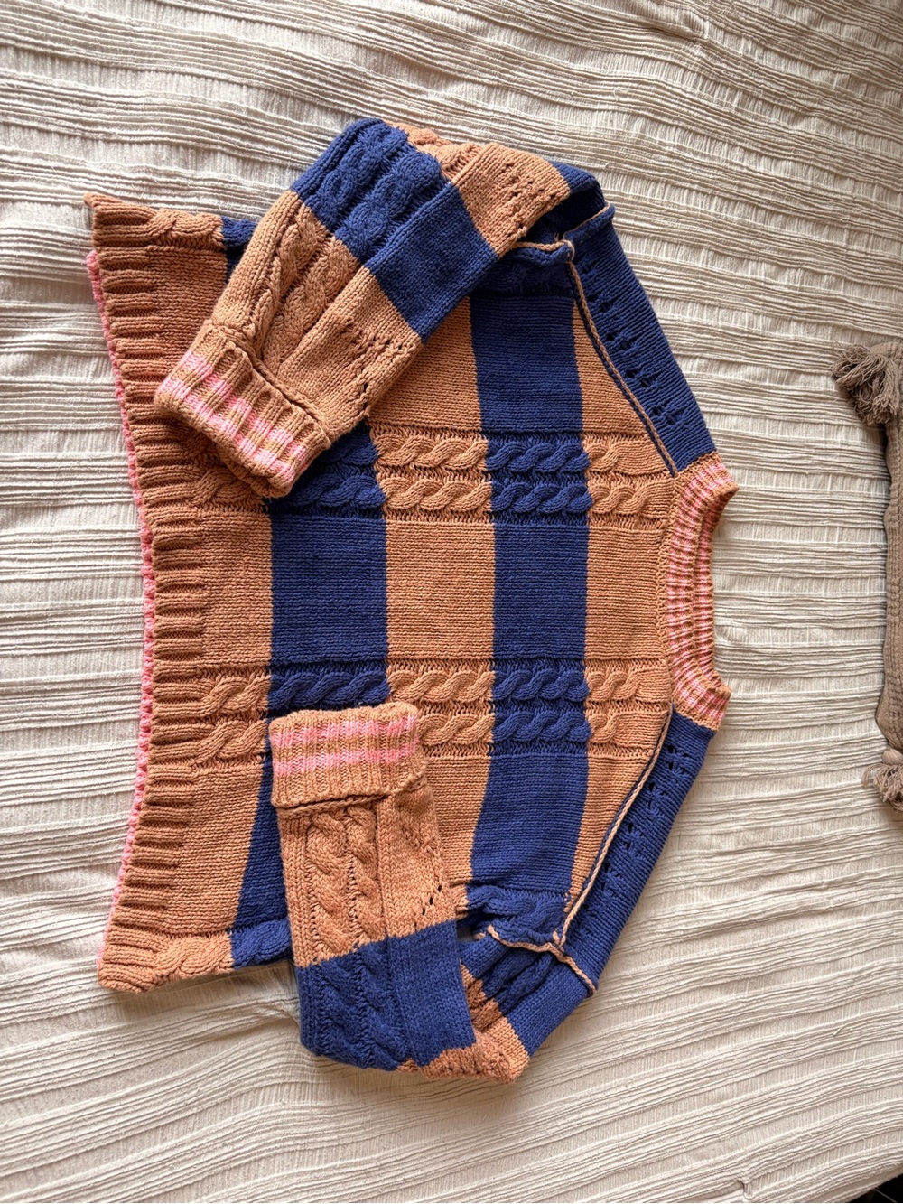 Altar'd State Rust and Navy Striped Cable-Knit Crewneck Sweater